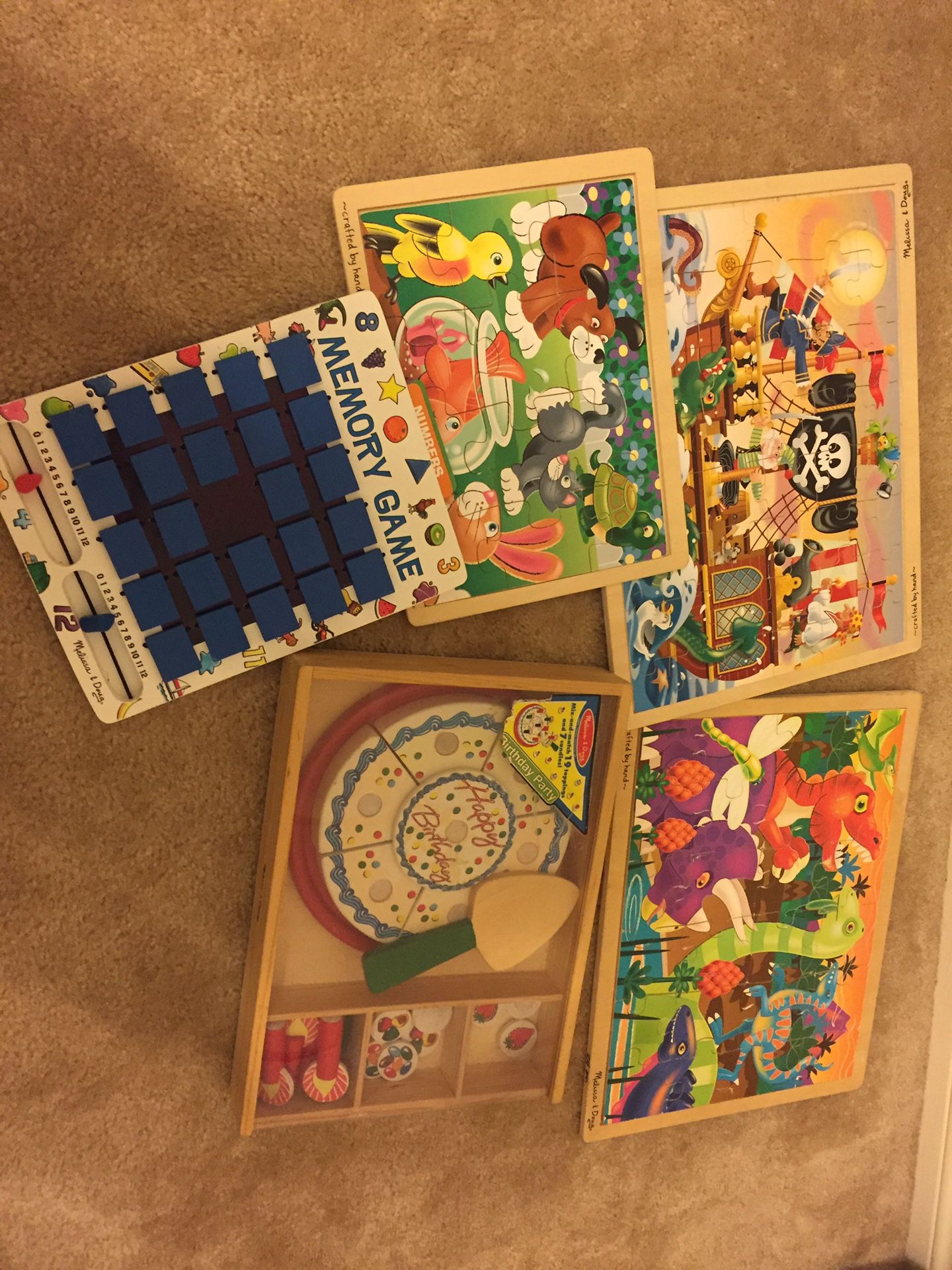 Big lot of Melissa & Doug puzzles and Memory Game Birthday Box