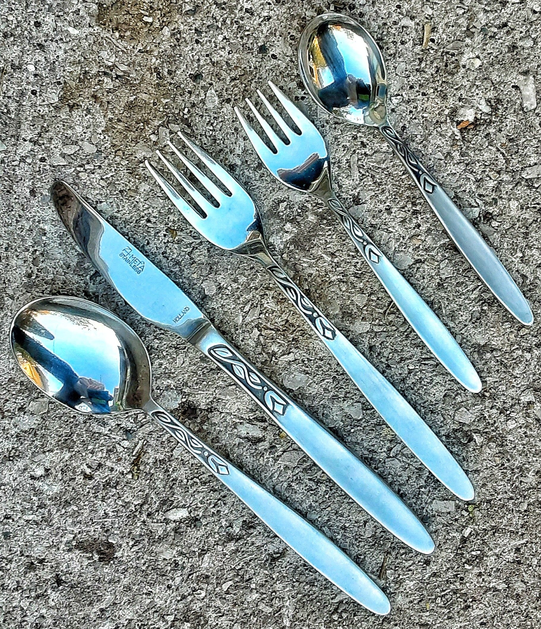 Mid century Danish modern Amefa stainless flatware 6 MINT unused 5 piece place settings tulip time holland