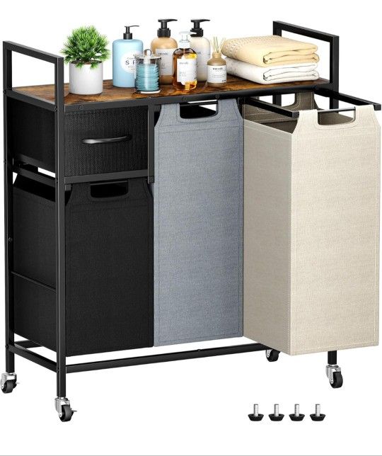 Laundry Hamper 3 Section, 135L Laundry Sorter with Shelf and 1 Drawer, Metal Frame Laundry Basket Organizer, Pull-Out Removable Oxford Fabric Bags for
