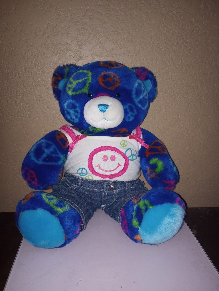 Build A Bear Blue Teddy Bear Jeans Peace Sign Friendship Plush Stuffed Toy 14”