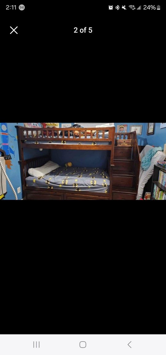 Dark-Cherry-Drawers Bunk Bed, Full Over Full, Dark Cherry