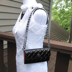 Authentic Chanel Black Patent Leather CC Logo Flap Bag Wallet for