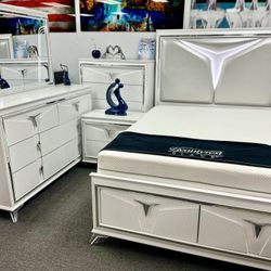 Limited Time Only‼️Beautiful White 5pc Bedroom Furniture Set With LED Lighting & Storage In Bed😱