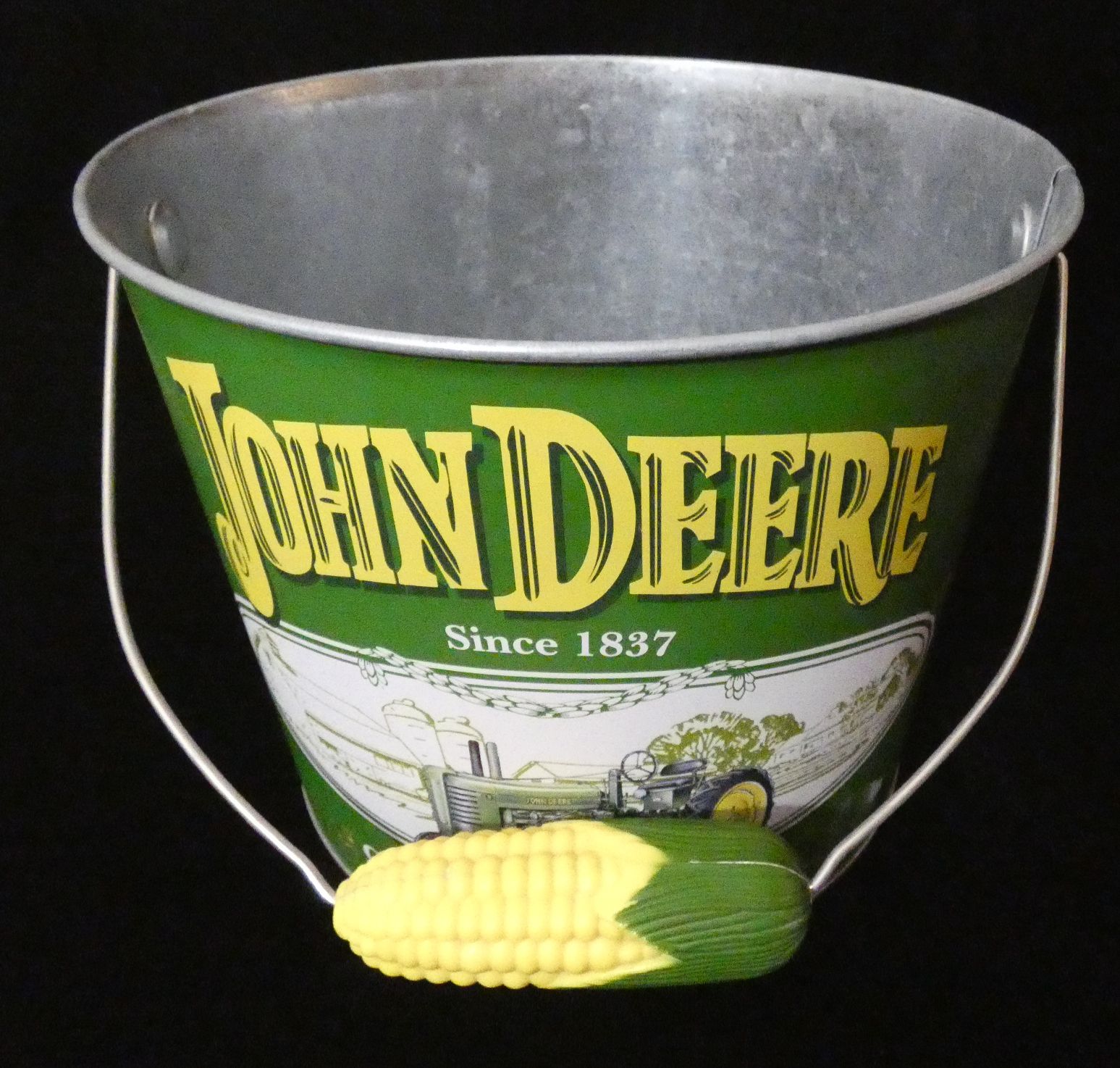 John Deere Bucket with Corn Cob Handle & Tractor Picture 7" T Metal Tin
