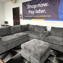 Gray Corduroy Sectional +Cup Holders & USB Ports