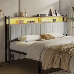 Gray King Linen Upholstered Storage Headboard LED Headboard with Charging Station