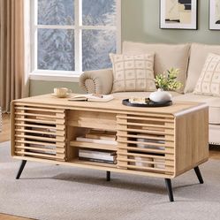 48" Lift top Coffee Table, mid Century Modern Coffee Table with Slatted Sliding Door