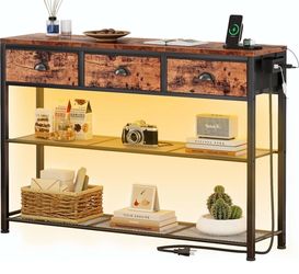 Rustic Brown Sofa Table with 3 Drawers and LED Lights (New in box)