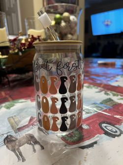 But First Coffee 17oz Glass Cup With Lid And Straw