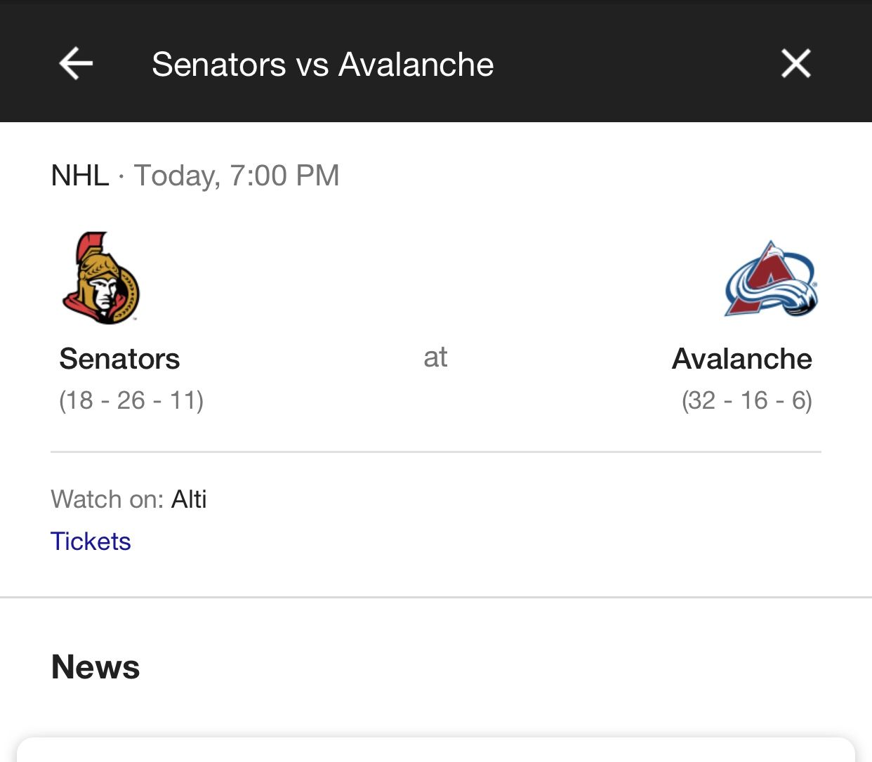 Avalanche Senators tonight