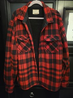 Mens Red Black Plaid Sherpa-Lined Shirt Jacket