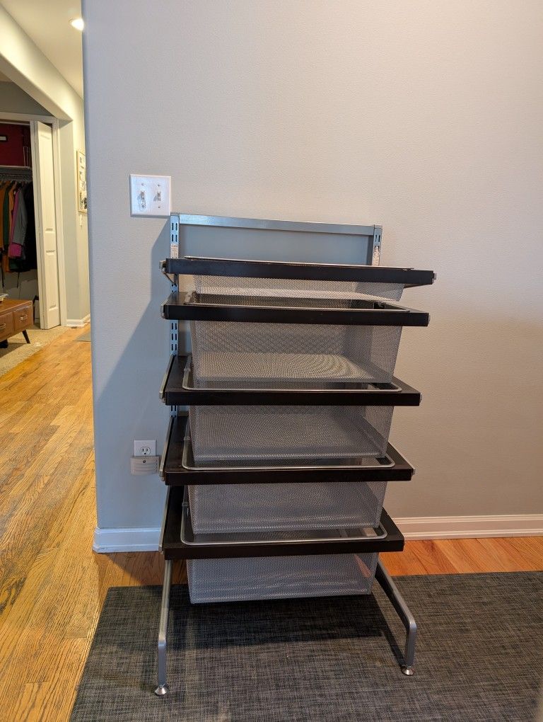 Five (5) Elfa Walnut Decor Drawers and Frames - $100