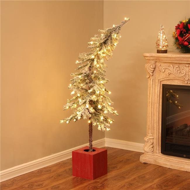 4 ft. Pre-Lit Clear LED Porch Artificial Flocked Christmas Tree with Red Pot