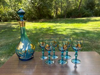 Vintage Blue/Gold Decanter Set With 6 Glasses
