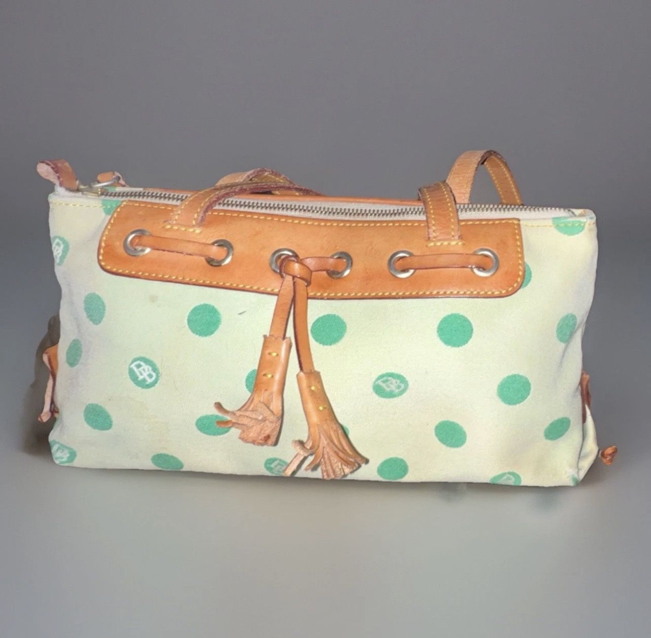 Classic Y2K Dooney & Bourke Tassel Top Zip Polka Dot Shoulder Bag Green Beige Brown Gold