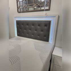 4PC LED Bedroom set white color King or Queen size bed frame with Padded headboard Dresser mirror night stand