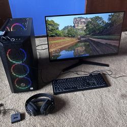 Gaming PC with monitor, keyboard + mouse, and wireless gaming headset