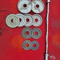 2" HOLE  55LBs. WITH EZ-CURL BAR 
2-10s. 4-5s. 2-2.5s
11525 S HALSTED DUNKIN DONUTS 
90$  CASH ONLY AS IS 