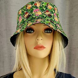 HELLO KITTY HAWAIIN TROPICAL FLOWERS GREEN BUCKET CAP HAT
