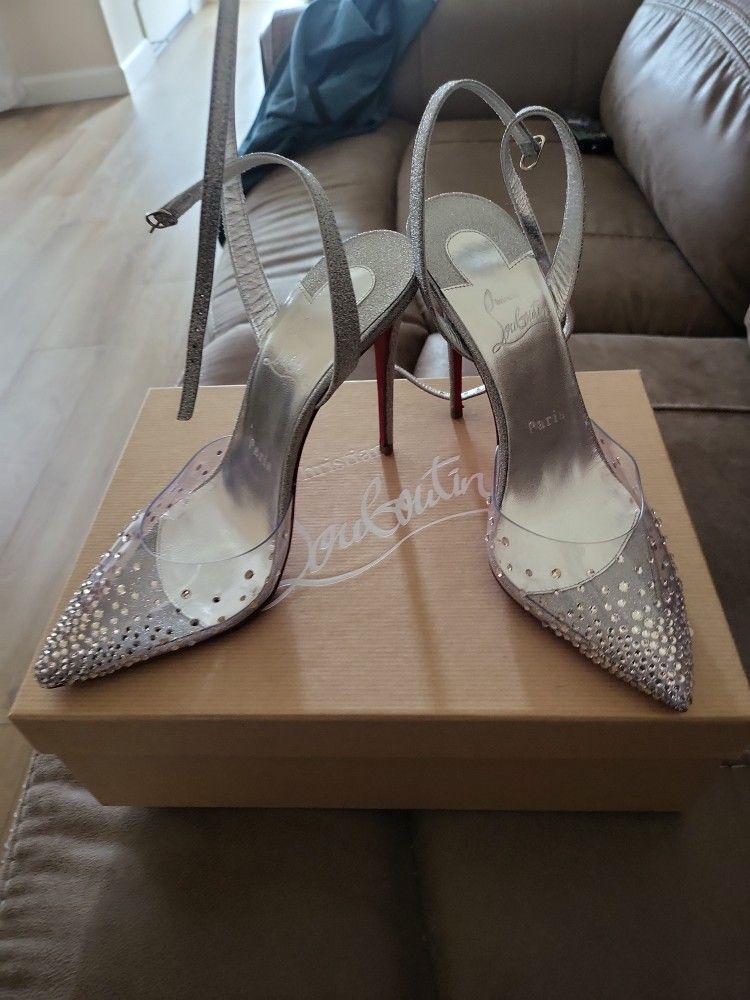Size 7 Silver/clear/glitter Women's Louboutin Spikaqueen Heels.