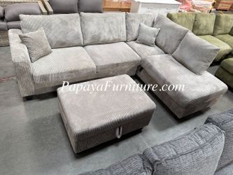 106” NEW Light Grey Fabric Sectional Couch and Chaise Set FREE STORAGE OTTOMAN BIG SOFA Clearance SALE Ashley Style USB Charging Port, Gray Couch