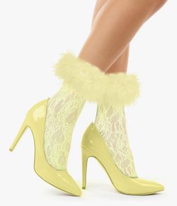 Light yellow Sox Women's Ruffle Fishnet Anklet Socks - Fake Feather Cuff Mesh Lace - 