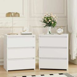 2 Pcs White Nightstand with 3 Drawers, Sofa Table for Living Room, Modern Wooden Storage Cabinet for Bedroom