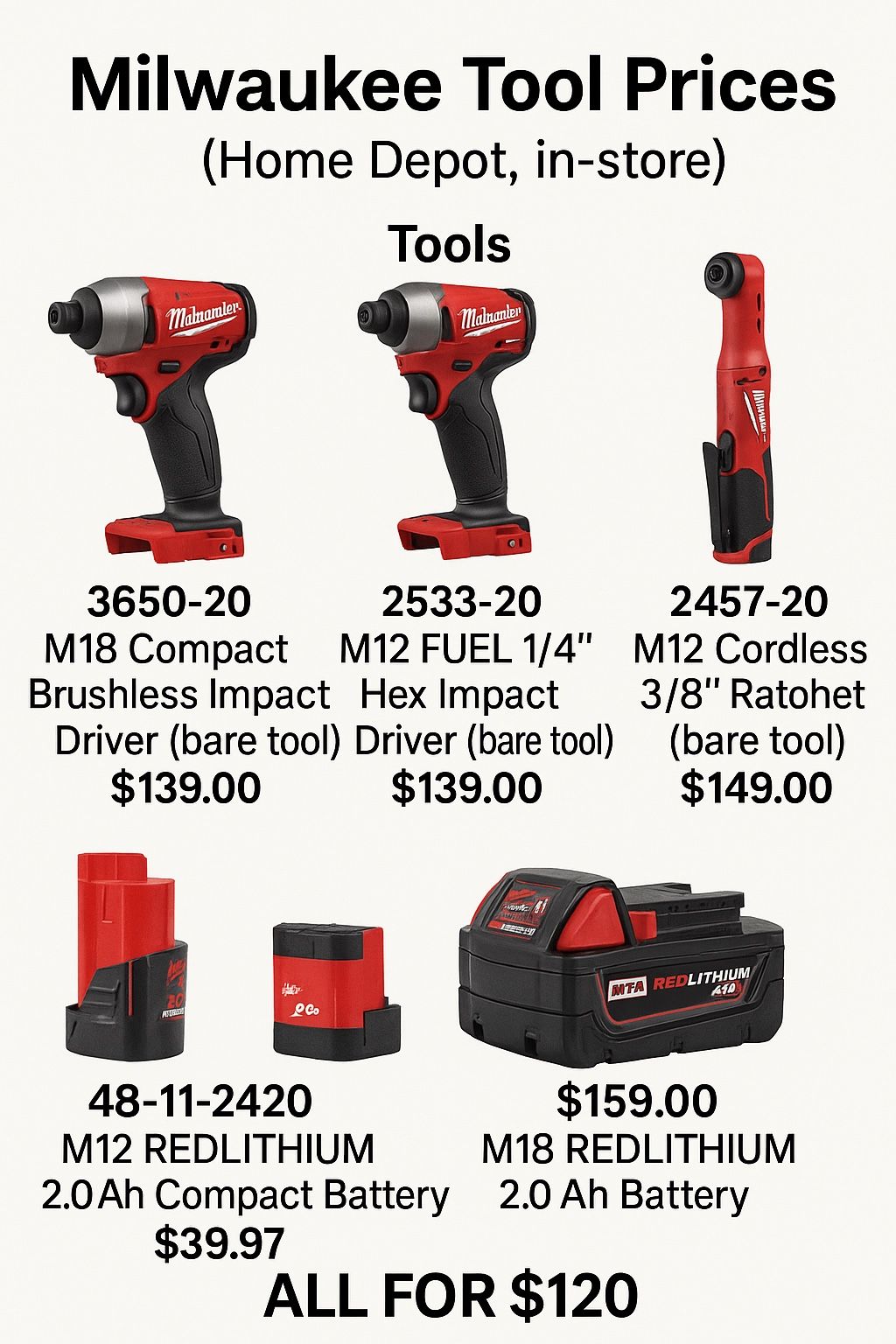 ALL FOR $120 18V IMPACT 12V IMPACT 12V 3/8 RATCHET 12V BATTERY 18V BATTERY