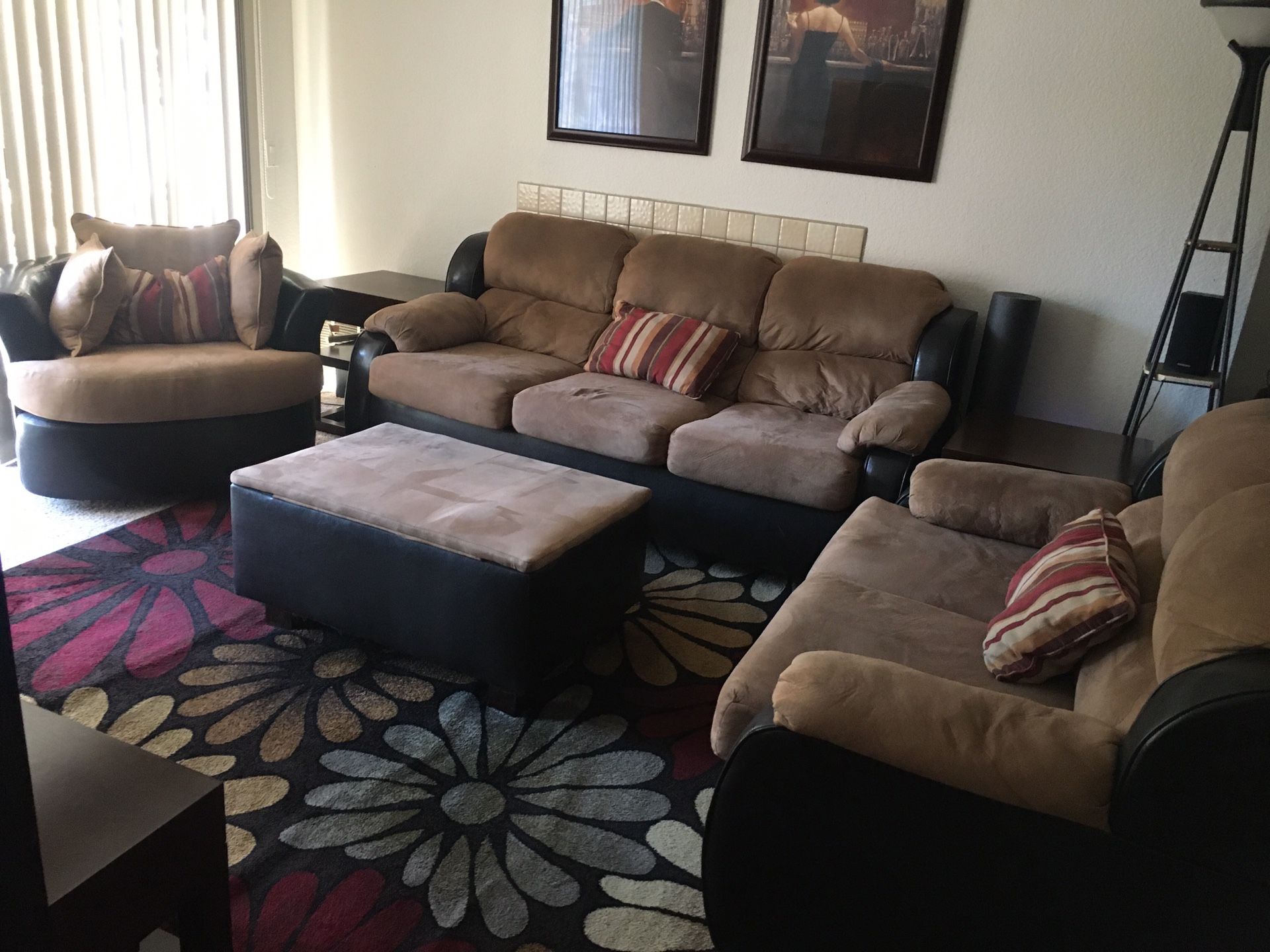Living room set - Couch, love seat, chair w/ ottoman, end tables & tv stand