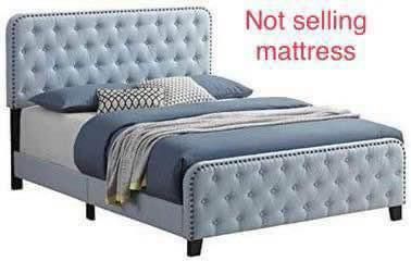King Size Deft Blue Fabric Upholstered Bed