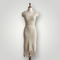 Beige Knit Two-Piece Set Crop Top and Fringe Midi Skirt set size small