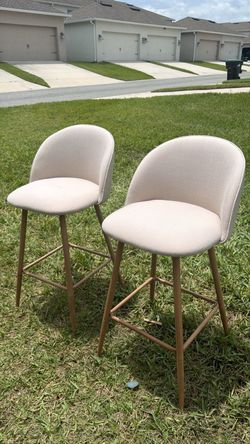 Selling 2 Beige Linen Swivel Bar Stools /