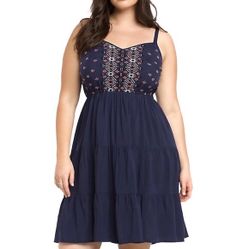 Navy blue summer dress with front embroidery