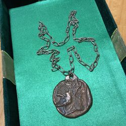 Bronze Greek Medallion Pendant On Large Link 28” Chain