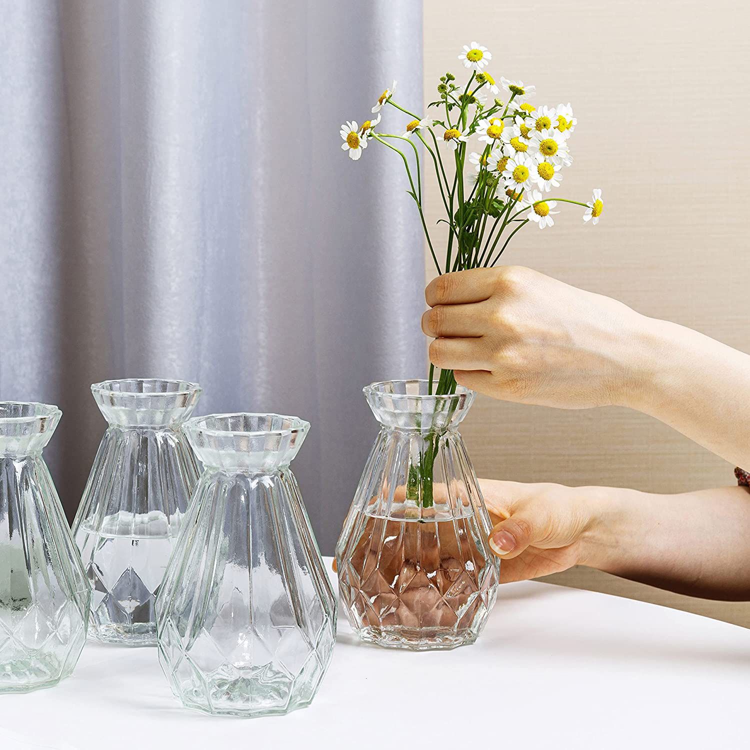 NEW! MyGift Decorative Clear Glass Vase, Diamond-Faceted Flower Bud Vases, Set of 6 / Florero