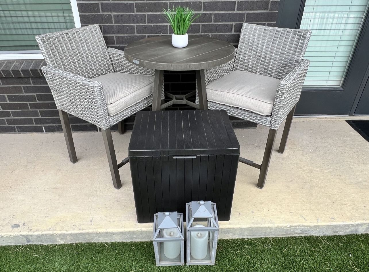 Patio Bistro Set with Cushions, Storage Bin, and Lanterns