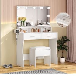 Makeup Vanity with Lighted Mirror, Power Outlet And Stool - New In Box