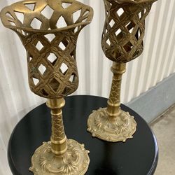 Vintage French lattice solid brass candle holders