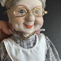 Antique Dynasty Doll with Plaid Dress and Apron