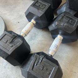 Pair of 35lb rubber dumbbells with cuts in the rubber 