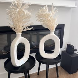 Modern beige ceramic donut vases with dried pampas grass)