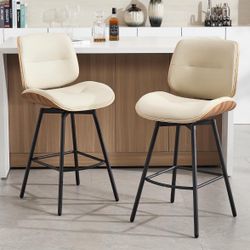 Mid Century Modern Counter Stools Set of 2, 27" Swivel Bar Stools with Metal Legs, Faux Leather Upholstered Bar Chairs with Footrest for Kitchen Islan