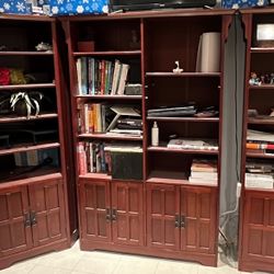 3-Piece Cherry Wood Bookcase Set with Storage Cabinets