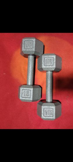 SET OF 15LB.  HEXHEAD DUMBBELLS TOTAL 30LBs  11525 S HALSTED DUNKIN DONUTS/7111.S WESTERN WALGREENS  
30$  CASH ONLY AS IS