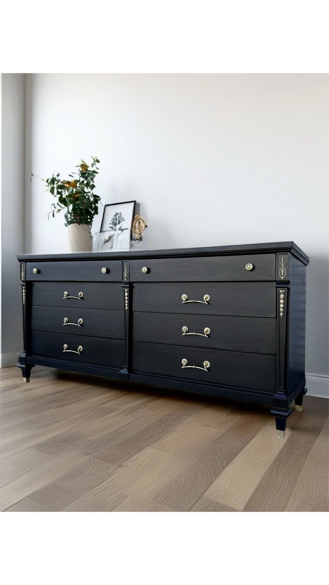 Black Mid Century French Hollywood Glam Long, Eight Drawer Vintage Wood Dresser