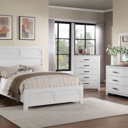 Classic Modern Farmhouse Design. High Headboard wood Design.  Nightstand, Dresser, Mirror, Chest. White.