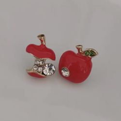 Brand New Cute 14K Gold Plated Rhinestone Asymmetric Apple Stud Earrings