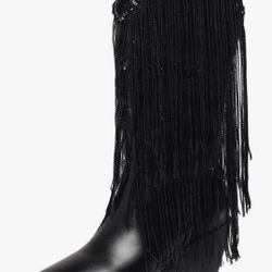 Women Block Heel Mid Calf Boots Fringe Mid Heel Boots Pointed Toe Slip On Cowboy Boots, Size 11

