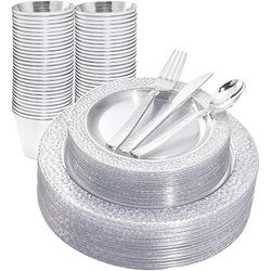 Ciaell 150 PCS Clear Silver Plastic Dinnerware Set