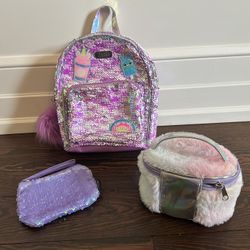 Sequin Mini Backpack, Makeup Bag and Wristlet